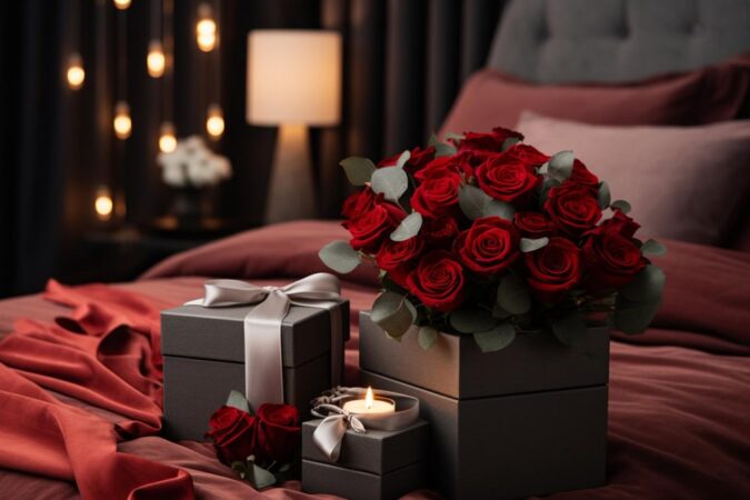 Boîte surprise et bouquet de roses rouges sur un lit, ambiance romantique.